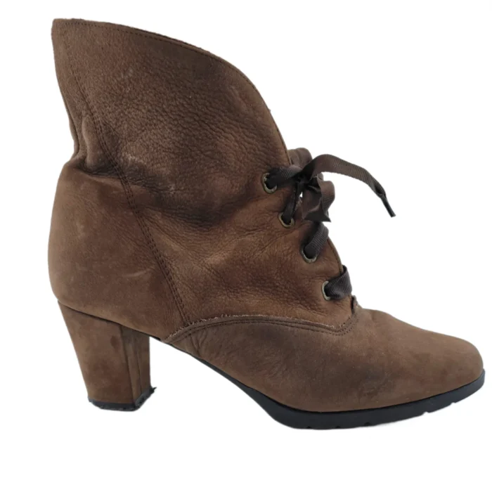 Side profile of brown suede lace-up vintage ankle boot by Julia Van Beeck