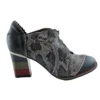 Side view of vintage retro heeled shoes with a snakeskin print and leather details