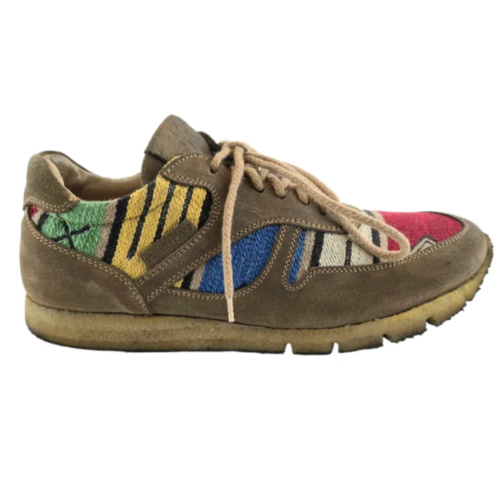 vintage suede sneaker vintage suede and woven fabric sneaker with multicolored geometric patterns.