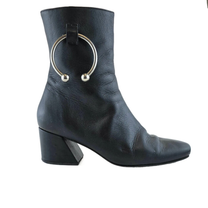 Vintage Shoes Dora Teymur black leather ankle boot with silver ring detail