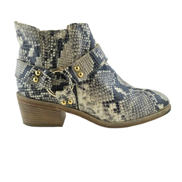 Side view of Vintage Baldinini snake print ankle boot, highlighting the ankle strap and heel