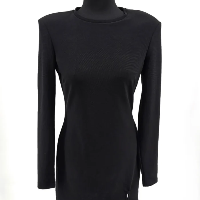 Front view of a black Vintage Dress Mango with structured shoulders and long sleeves Front view of a black Vintage Dress Mango with structured shoulders and long sleeves