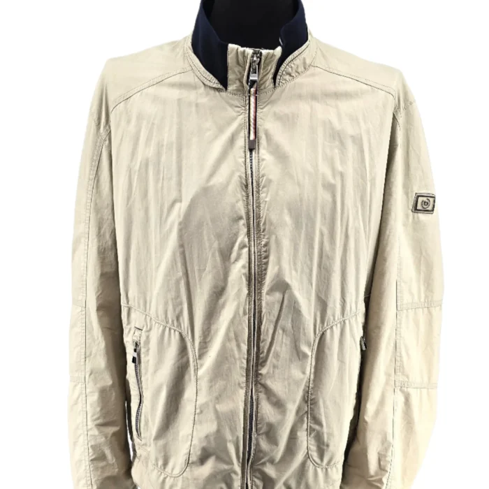Beige Vintage Jacket Bugatti displayed on a mannequin, featuring a navy contrast collar and zip-up closure