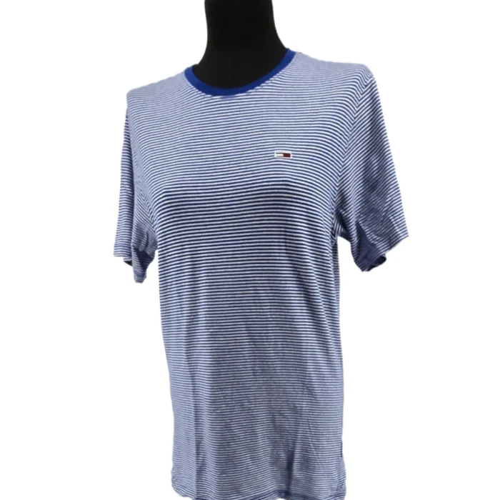 Front view of navy and white striped Tommy Hilfiger vintage T-shirt with logo