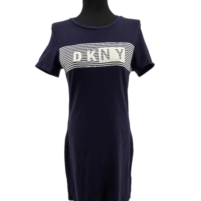 Front view of a navy blue Vintage Dress DKNY with white logo and striped design – casual t-shirt dress style. Front view of a navy blue Vintage Dress DKNY with white logo and striped design – casual t-shirt dress style.