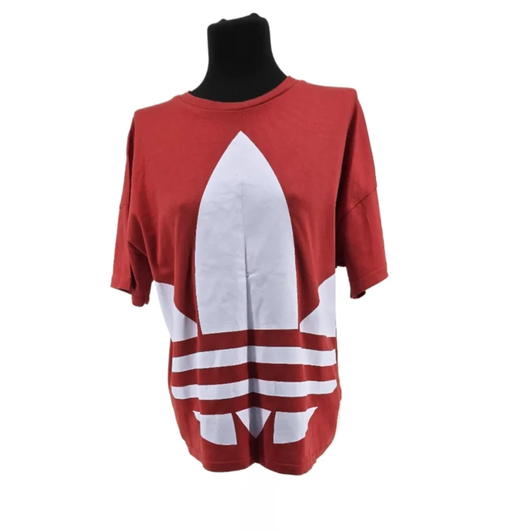Red Adidas vintage sweater with oversized white Trefoil logo, front view on mannequin
