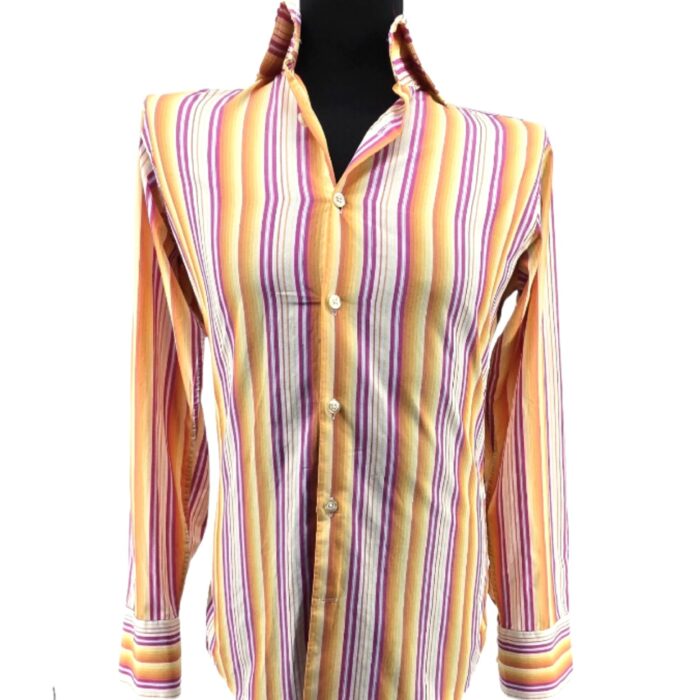 Front view of vintage striped Curtis shirt in orange, yellow, and pink – slim fit cotton design