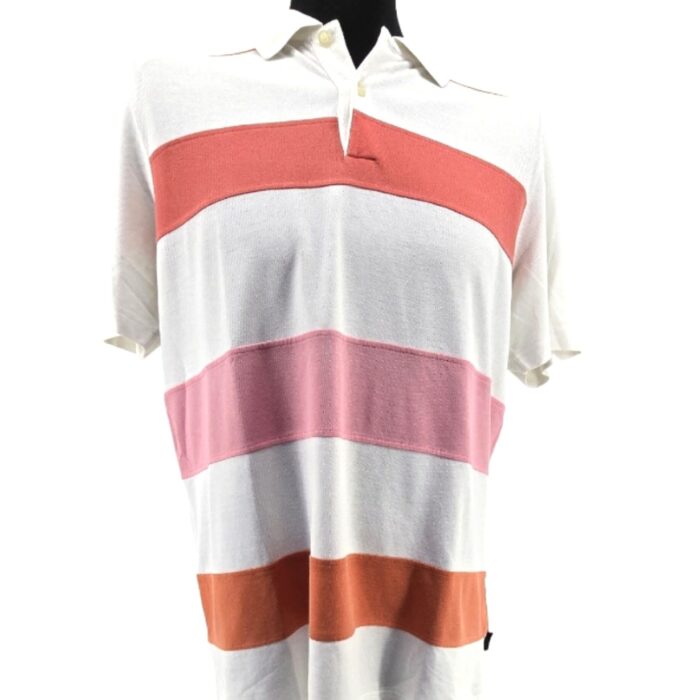 Vintage Hugo Boss polo shirt front view with orange, pink, and red stripes