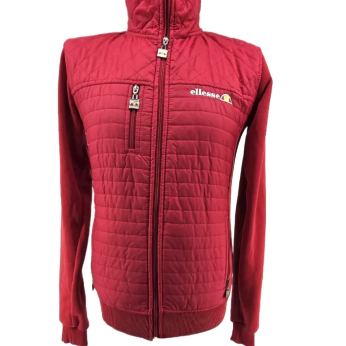 Front view of a red quilted Vintage Jacket Ellesse with zip and logo