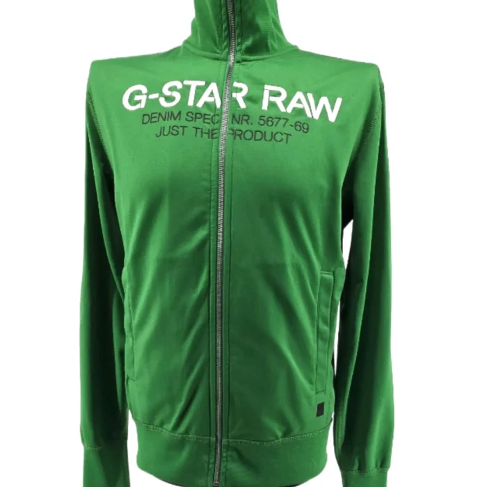 Front view of vintage green G-Star Raw hoodie with logo and zipper. Front view of vintage green G-Star Raw hoodie with logo and zipper.