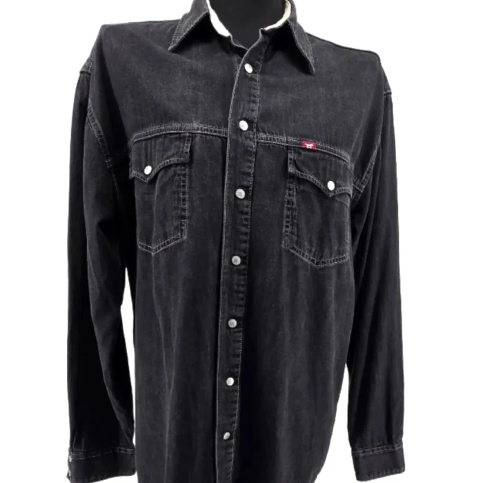Black denim vintage Mustang shirt front view – snap buttons and chest pocket