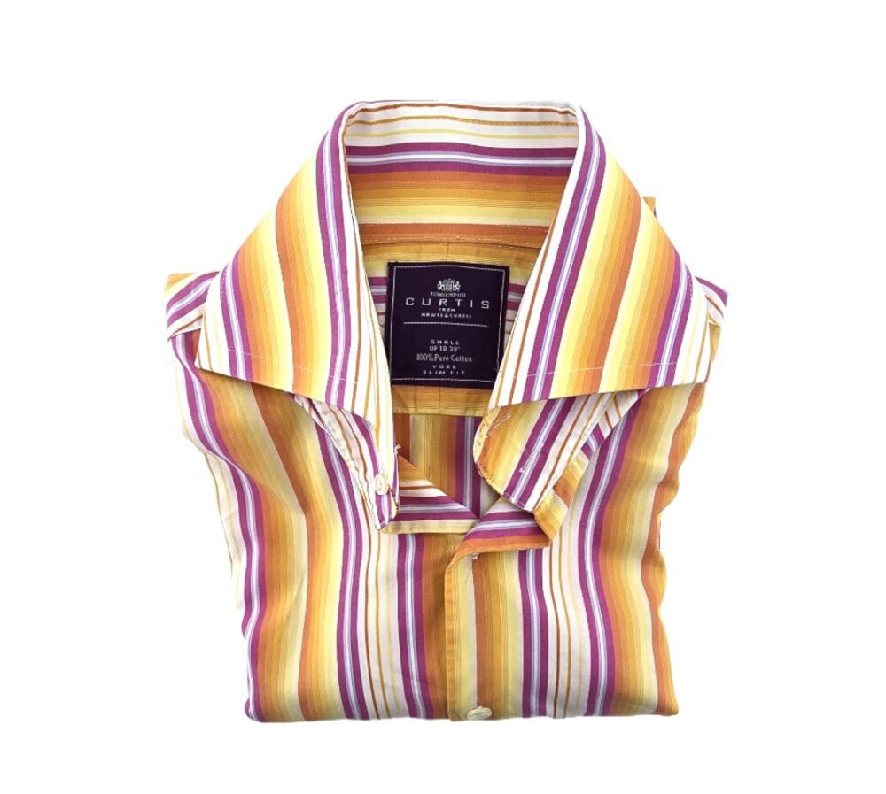 Folded vintage shirt with bold striped pattern and visible label – Curtis from Hawes & Curtis
