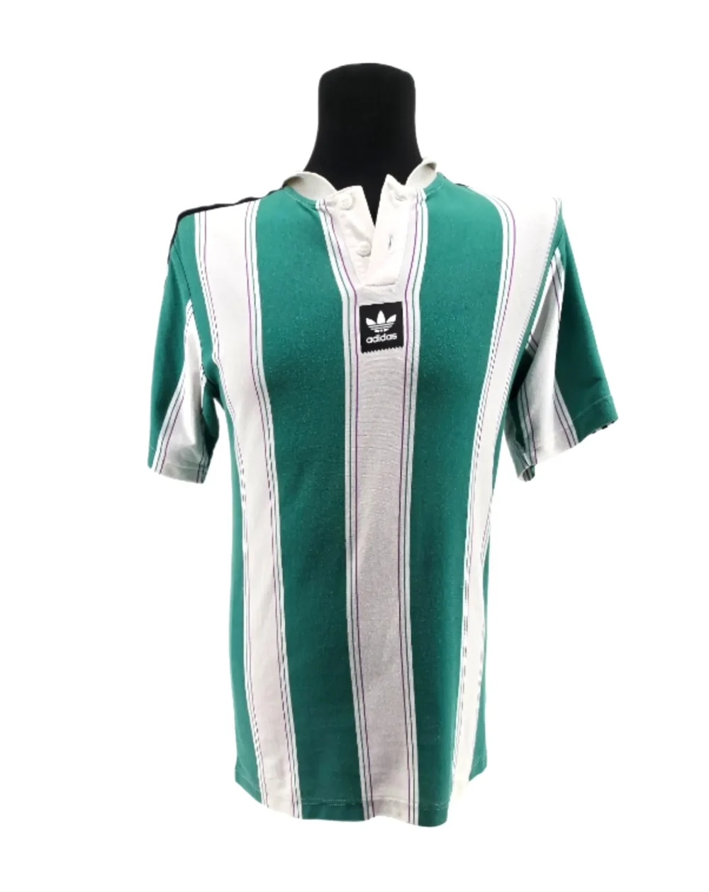 Przód koszulki Vintage Adidas z zielono-białymi pasami i logo Trefoil