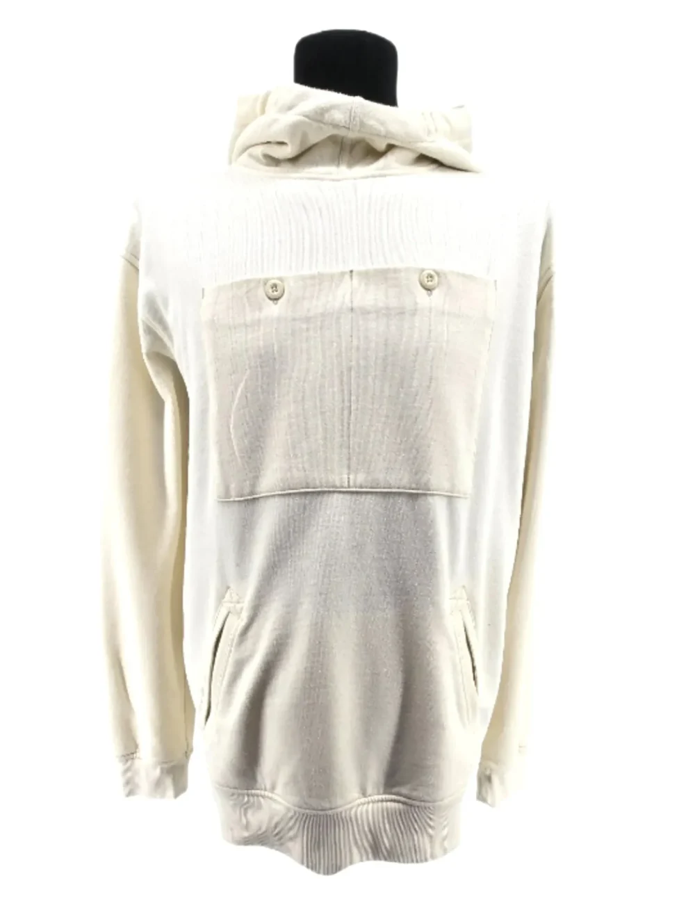 20250325_162146-fotor-20250325201323_14_11zon Front view of a cream vintage hoodie with buttoned chest pocket and kangaroo pockets