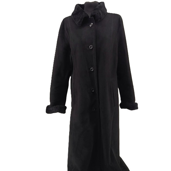 Langer schwarzer Damenmantel aus Kunstwildleder – Vintage Mode Stil