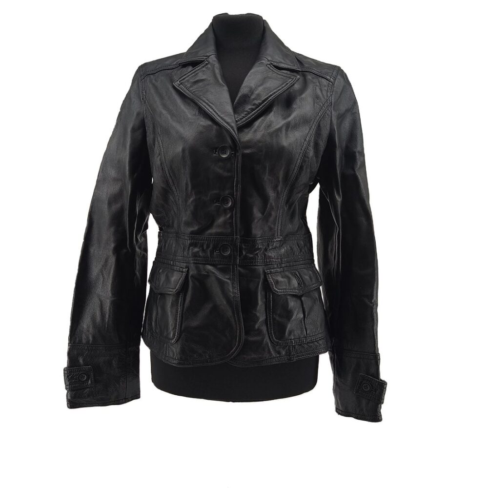 Vintage mode schwarze Damen-Lederjacke, taillierter Schnitt, Reverskragen – Frontansicht
