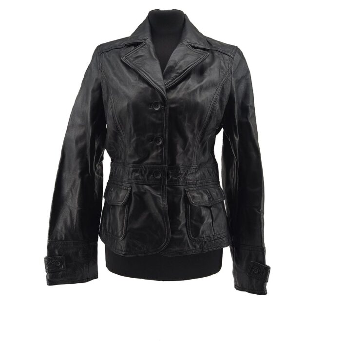 Vintage mode schwarze Damen-Lederjacke, taillierter Schnitt, Reverskragen – Frontansicht
