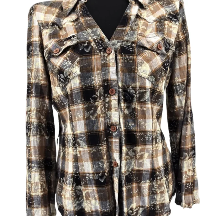 Orsay Vintage-Bluse mit Karo und zartem Blumenmuster, Frontansicht auf Kleiderbügel