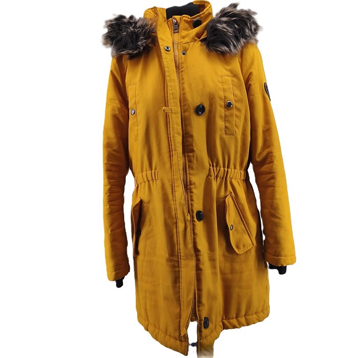 Senfgelber Vintage Damen Parka mit Kapuze und Kunstfellrand