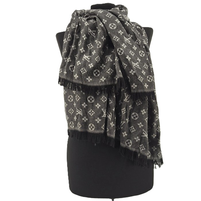 Schwarz-grauer Vintage-Schal in Krawattenoptik mit feinem Monogramm-Muster, frontal gefaltet dargestellt.