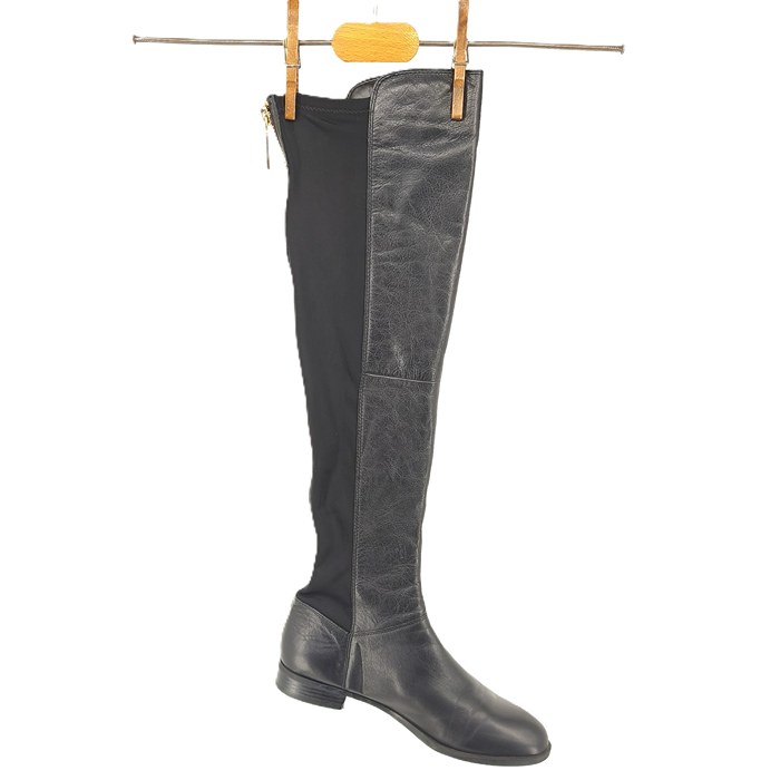 Aldo Vintage Overknee Boots aus schwarzem Leder mit Goldreißverschluss – Frontansicht.