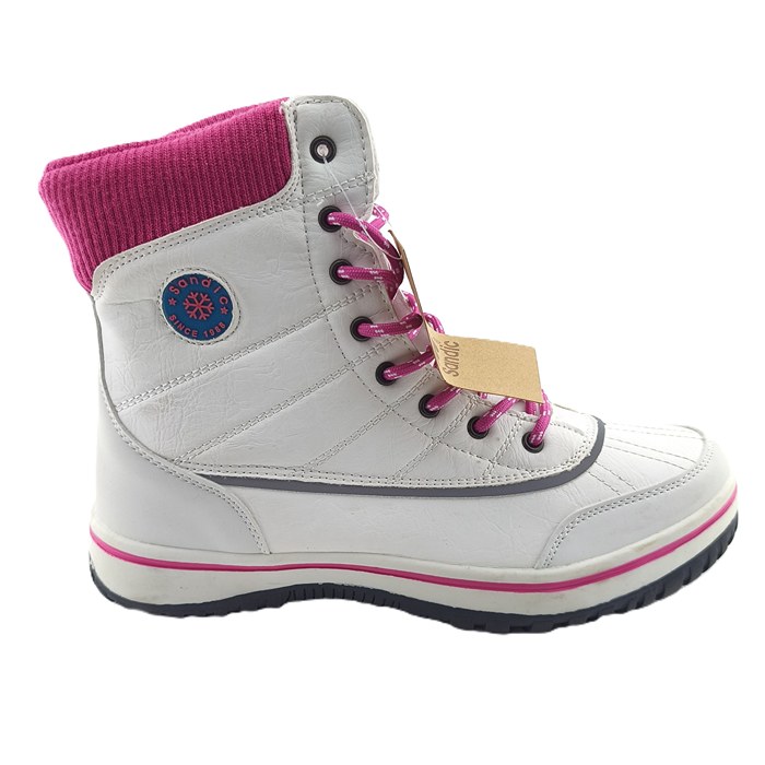 Sandic Vintage Boots in Weiß mit rosa Schnürsenkeln und Strickbund – Frontansicht.