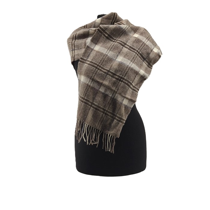 Weicher brauner Vintage-Wickelschal mit Karomuster und Fransen