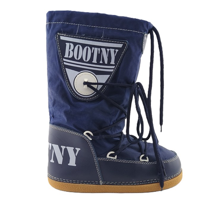 Bootny Vintage Winterstiefel in Dunkelblau mit Öko-Lederdetails und Retro-Logo – Vorderansicht.