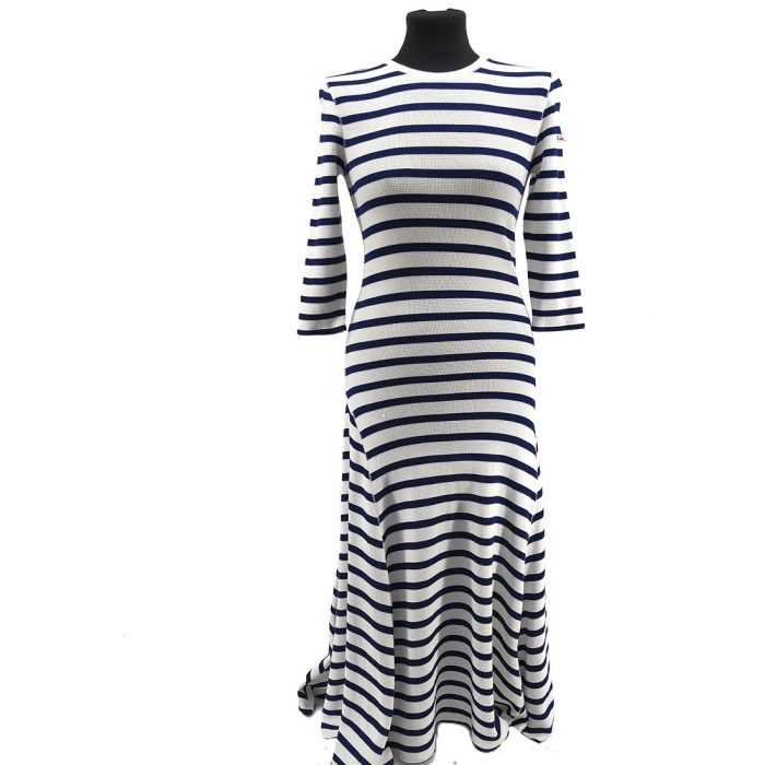73_3_11zon_11_11zon.jpeg Gestreiftes Vintage-Kleid im Stil von Polo Ralph Lauren in Marineblau und Weiß auf einem Kleiderbügel