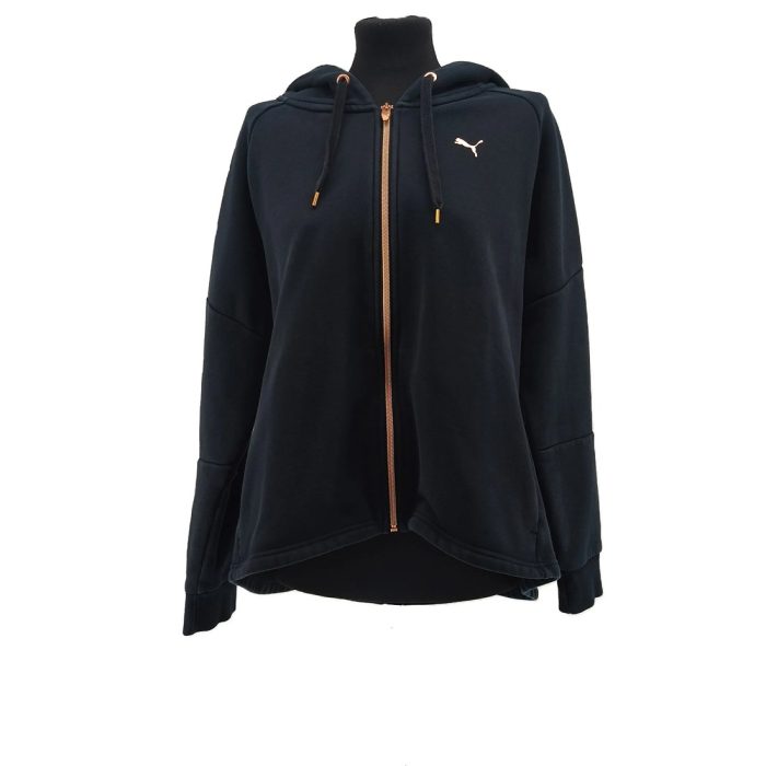 Schwarzer Puma Vintage Hoodie mit goldenem Reißverschluss, Frontansicht