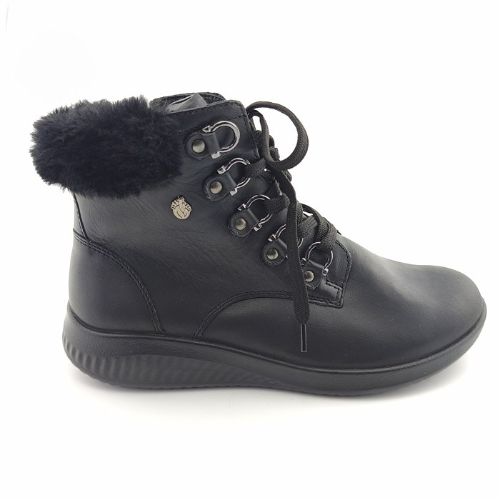 Schwarze Vintage Boots aircomfort mit Kunstfellkragen in der Seitenansicht