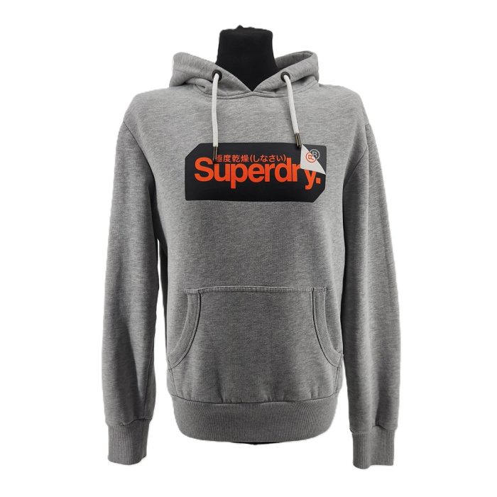 Grauer Vintage Superdry Hoodie mit orangefarbenem Logo Vorderansicht