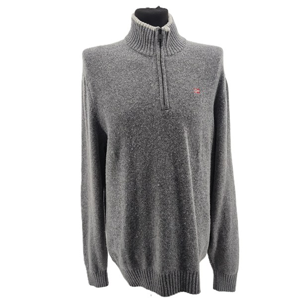 Vintage Pullover Herren Napapijri grau Retro-2000er-Stil Halbreißverschlusskragen Frontansicht