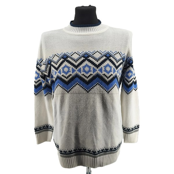Vintage Herren Strickpullover creme Retro-Stil Norwegermuster blau schwarz Vorderansicht
