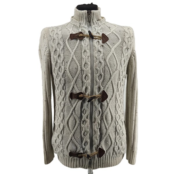 Vintage Sereen Strickpullover beige Retro-Stil Zopfmuster vorn Reißverschluss