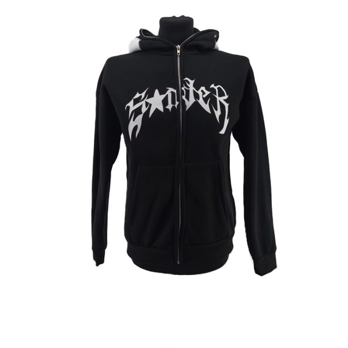 19_19_11zon.jpg Vintage Spider Kapuzenjacke schwarz Retro-Zeitlos-Stil Frontprint Vorderansicht