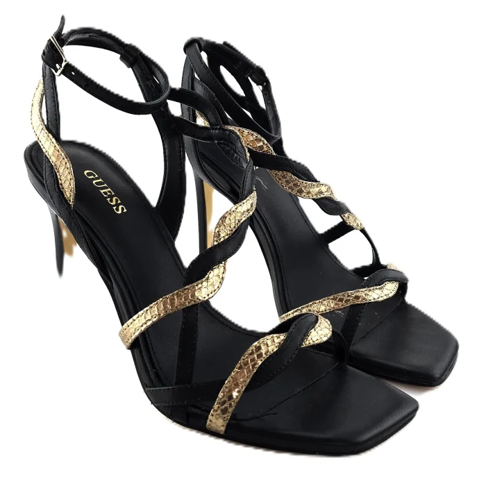 Vintage Guess Stiletto-Sandaletten schwarz Retro-2010er-Stil goldenes Schlangenmuster Riemchen