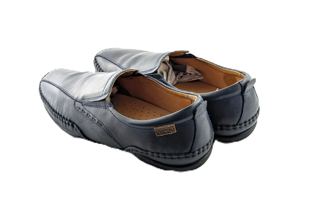 Vintage Pikolinos Loafers dunkelblau Retro-2010er-Stil Kontrastnähte Seitenansicht