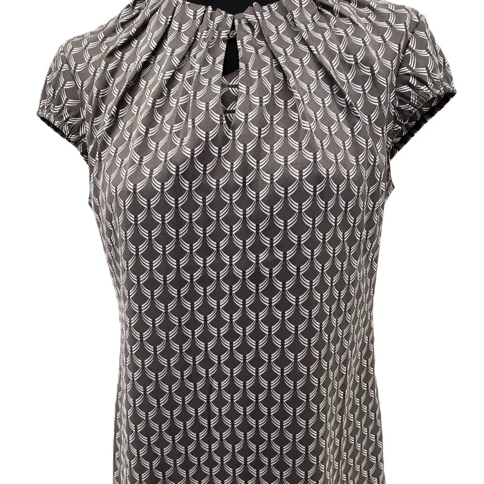 Vintage Comma Damenbluse braun geometrisches Muster Retro-Stil Raffung