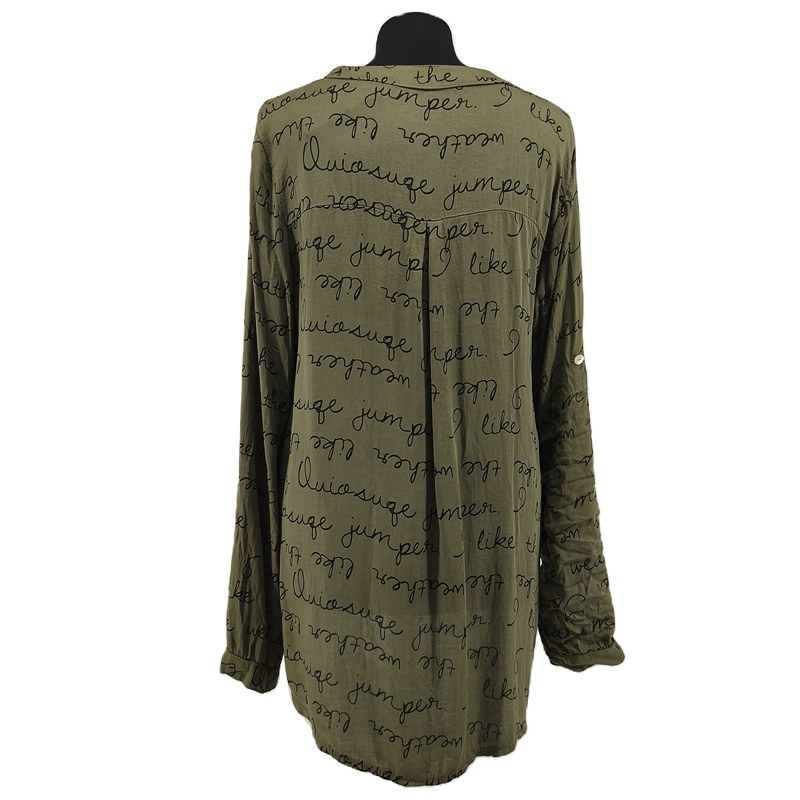Vintage Italy Moda Damenbluse grün schwarzer Schriftzug-Print Retro-Stil Viskose