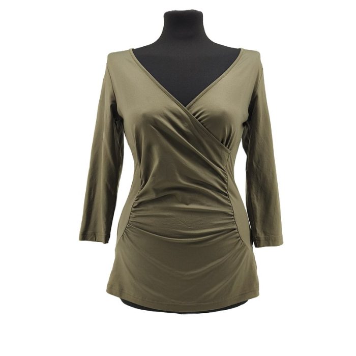 Vintage Best Connections Damenbluse Grün Retro-90er-Stil Wickelausschnitt Raffungen