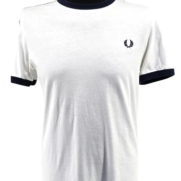 Vintage Fred Perry Herren T-Shirt Weiß Retro-Sport-Stil Kontrastbündchen Baumwolle