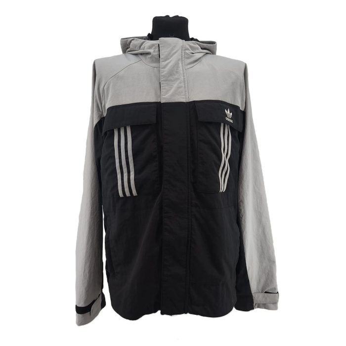 Vintage Adidas Übergangsjacke Herren Schwarz Grau Retro-Sport-Design Drei Streifen L