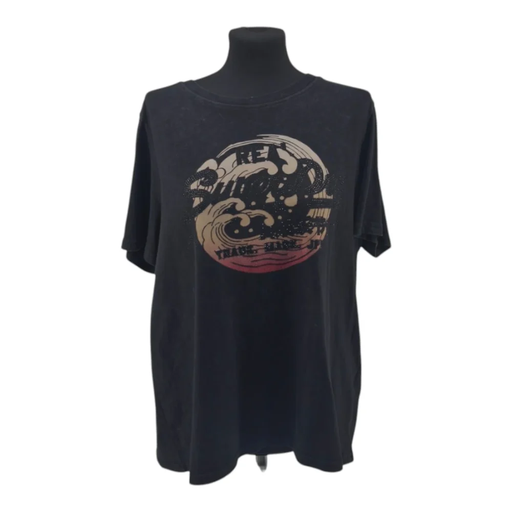 Vintage Superdry Damenbluse Schwarz Retro-Americana-Stil Strass-Grafik