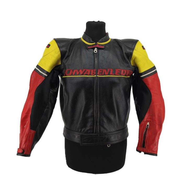 Vintage Schwabenleder Übergangsjacke Herren Schwarz Retro-Racing-Stil Motorrad-Grafik Leder